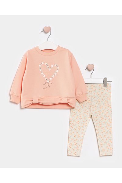 Minipodyum Girl's Printed Two-Piece Set with Bow and Waist Leggings