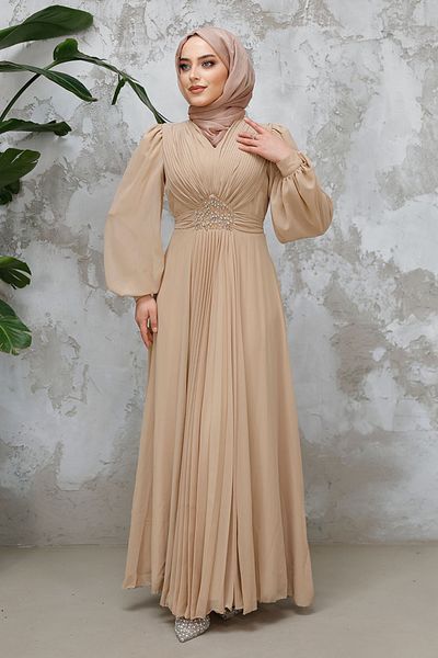 Neva Style Hijab Evening Dress - Drape Detailed Biscuit Hijab Evening Dress 4448Bs