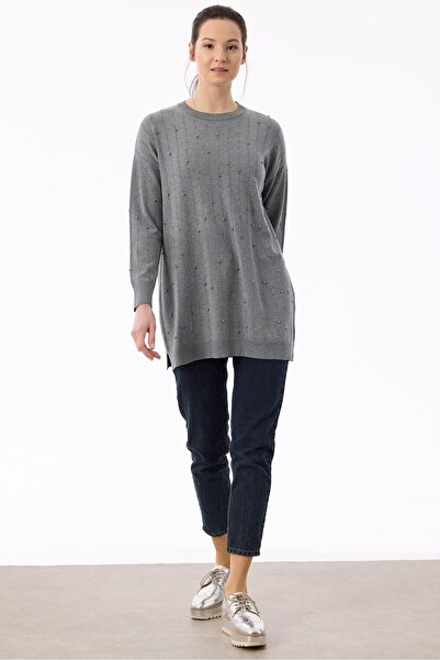 Tığ Triko Suyolu Taş Baskılı Triko Tunik GRİ