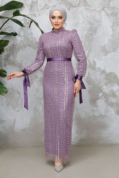 Neva Style Beaded Lilac Hijab Evening Dress 4891Lıla