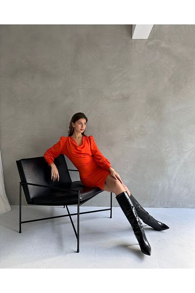 Fav Style Rochie de damă mini cu mânecă cu balon cu guler din dantelă portocalie