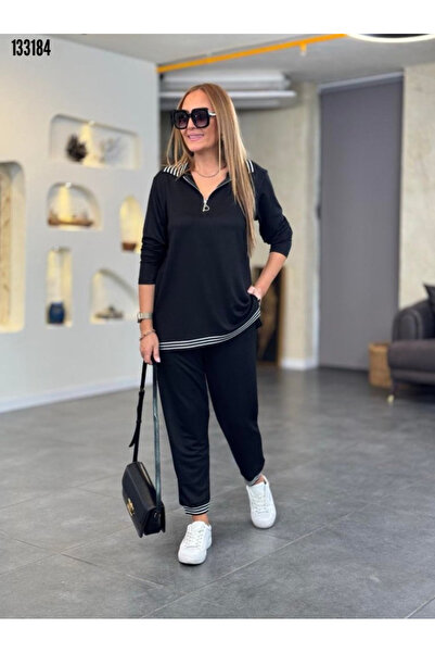 Kokosh moda Kadın Desen Detaylı Fermuarlı Büyük Beden Şık Alt Üst İkili Takım