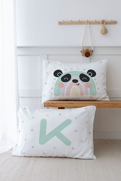 Tuğba Kuğu 2 Μαξιλαροθήκες (35X45) Mint Blue Panda - Letter Series - Letter K