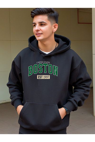 DEEPSENCE Unisex Oversize Hooded Sweatshirt - Black Boston Green