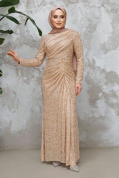 Neva Style Hijab Evening Dress - Beaded Biscuit Hijab Evening Dress 50341Bs