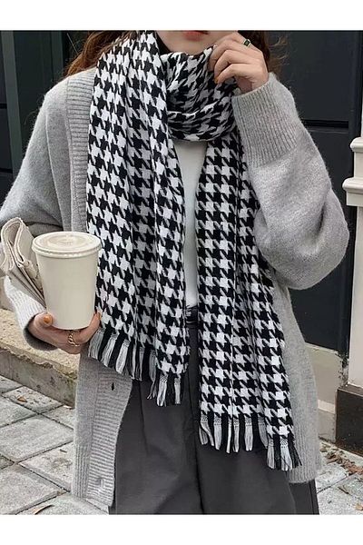 Luminos Butik Women's Black Houndstooth Patterned Scarf - Shawl 70x180 Cm Sal1220