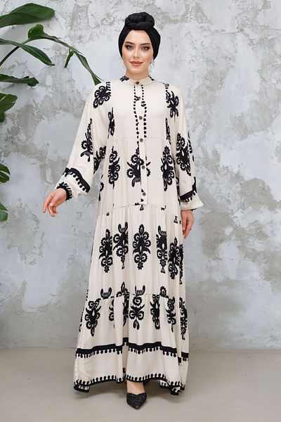 Neva Style Beige Hijab Dress - Floral Print, Model 25491Beige