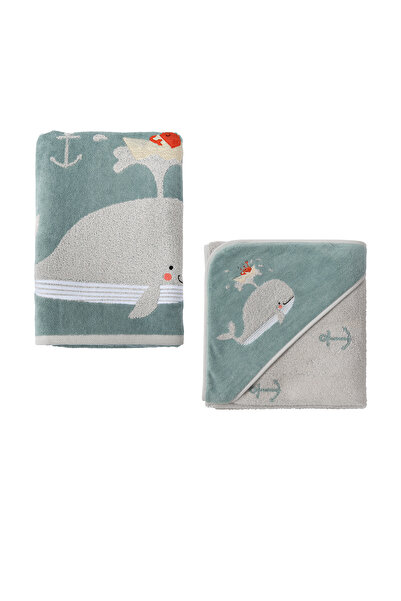 Casadora Baby Whale Patterned Velur Towel and Swaddle - 70x140cm + 80x80cm