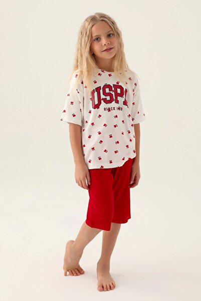 U.S. Polo Assn. Licensed Heart Pattern Red Girl's Capri Set