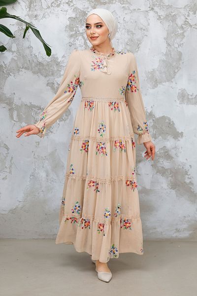 Neva Style Beige Hijab Dress - Floral Print, Model No: 32815Beige