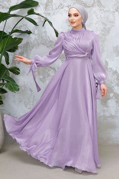 Neva Style Rochie de seara cu hijab - Rochie de seara hijab liliac cu detaliu drapat 4823lıla
