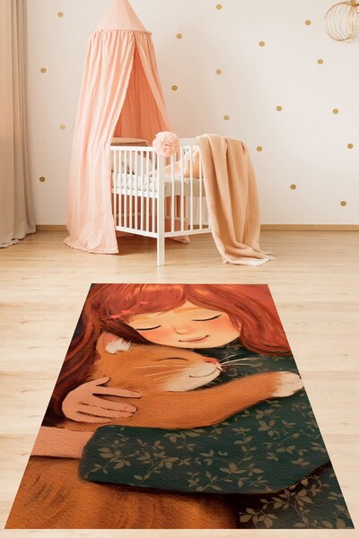 on the clouds Hayvan Sevgisi Temalı Kedi Ve Küçük Kız Yıkanabilir Kaymaz Taba...