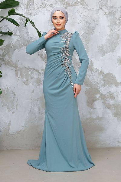 Neva Style Hijab Evening Dress - Beaded Green Hijab Evening Dress 4964Cy