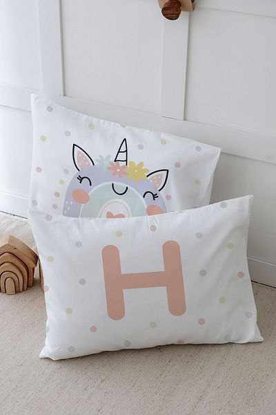 Tuğba Kuğu Μαξιλαροθήκη 2 τεμαχίων με σχέδιο Unicorn - Salmon, 50x70cm - Letter H