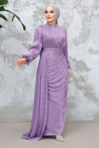 Neva Style Rochie de seara cu hijab - Rochie de seara hijab liliac cu detaliu drapat 4934lıla