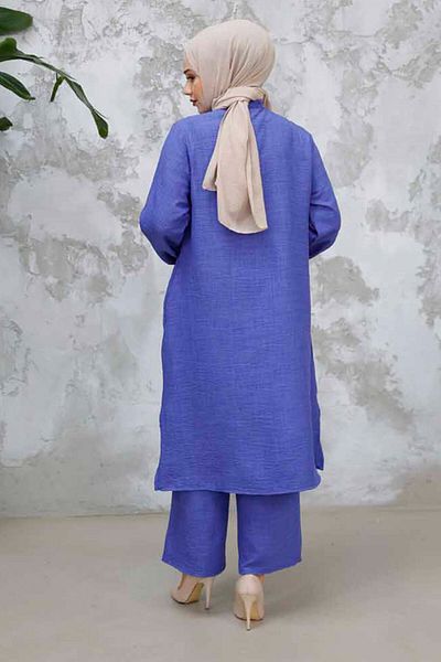 Neva Style طقم حجاب مزدوج بأزرار باللون الأزرق النيلي - 25492IM