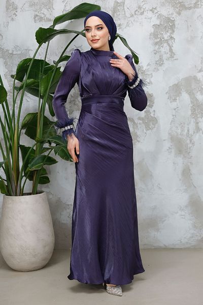 Neva Style Feather Detailed Navy Blue Hijab Evening Dress 50481L