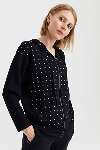 Desen Triko Women's Hooded Sweat with Small Square Stones on the Front Navy Blue