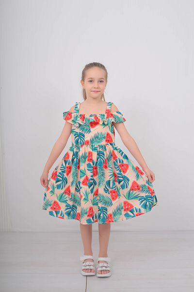 Filizdens Kids Rochie pentru fete, cu model pepene verde, căptușită cu crepon, mânecă fără bretele Rochie casual Rochie de zi de naștere