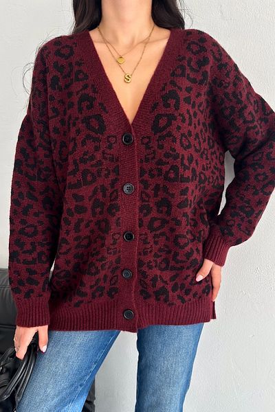 FEMELLE Cardigan de damă bordeaux mărime standard cu model leopard tricotaj supradimensionat