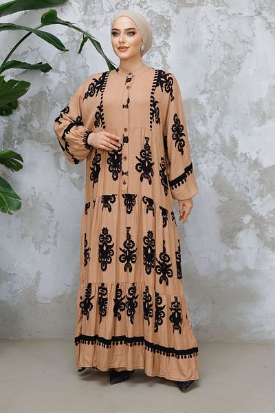 Neva Style Rochie hijab Camel cu imprimeu floral 25491C