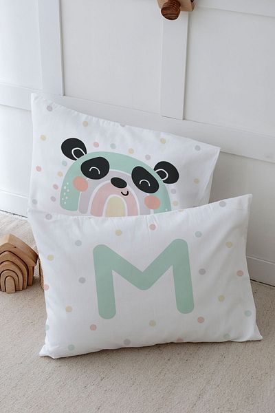 Tuğba Kuğu 2 Μαξιλαροθήκες (35X45) Mint Blue Panda - Letter Series - Letter M
