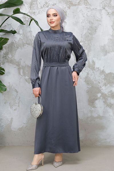 Neva Style Rochie din satin hijab afumat cu margele 65880FU