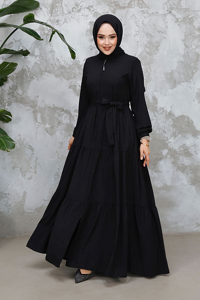 Neva Style Layered Pleated Black Hijab Abaya 80781S