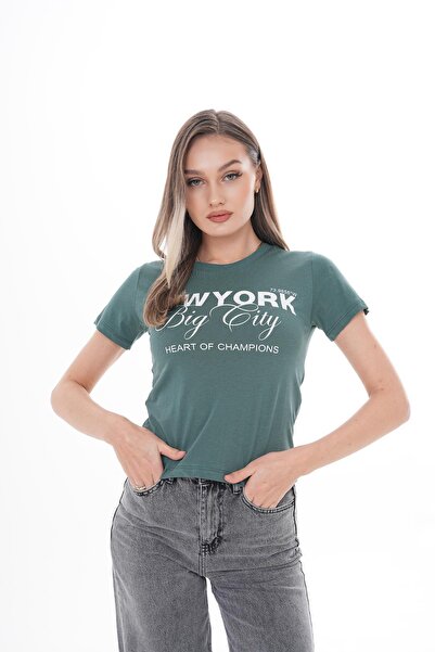 ŞİMAL Γυναικείο μπλουζάκι με στάμπα με λαιμόκοψη 250105 -