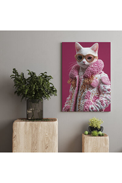 RUGSMODERN Kanvas Tablo Pembe Temalı Beyaz Süslü Kedi Desenli tablo5005