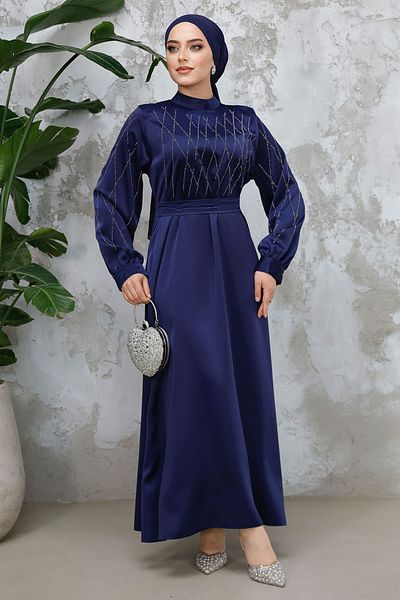 Neva Style Beading Detail Navy Blue Hijab Satin Dress 65880L