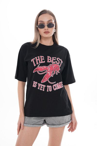 ŞİMAL Tricou oversize pentru damă, cu imprimeu text, cu decolteu 250103   -