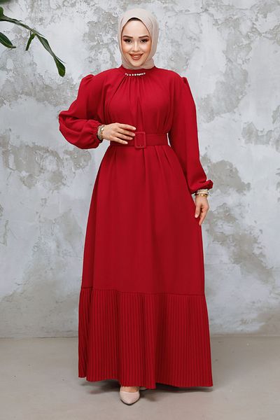 Neva Style Rochie roșie hijab cu centură cu cataramă 65878K