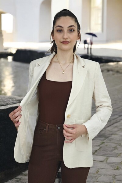 yagmurberen Sleeve Mouth Slip Detailed Bag Pocket One Button Closure Mono Collar Blazer Women's Jacket