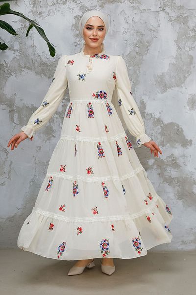 Neva Style Rochie Hijab Ecru cu Motiv Floral 32816E