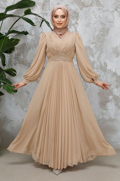 Neva Style Hijab Evening Dress - Drape Detailed Biscuit Hijab Evening Dress 4448Bs