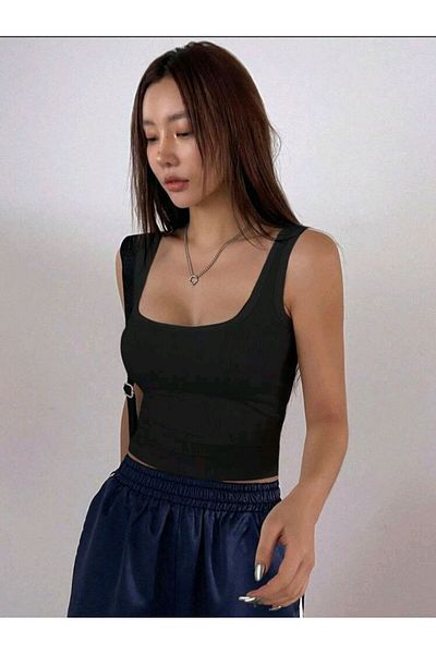 Stail Moda Women's Black Camisole Square Collar Thick Strap Tank Top Ribbed Crop Tank Top Sports Camisole Tank Top 2025