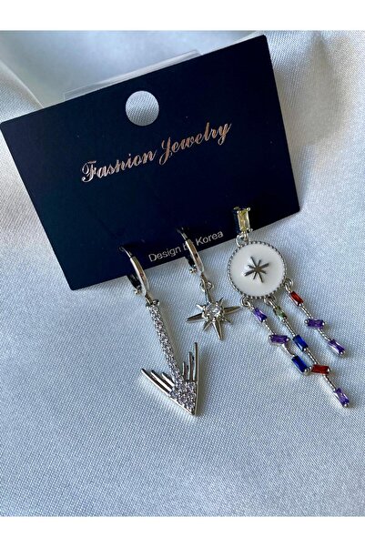 H&S AKSESUAR 3’LÜ SEDEF TAŞLI GÜMÜŞ ÇELİK KÜPE