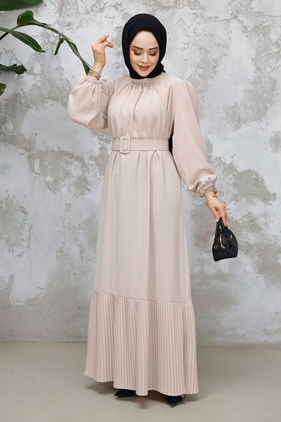 Neva Style Beige Hijab Dress with Buckle and Belt, Model 65878Beige