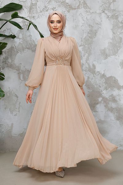 Neva Style Rochie de seară hijab bej cu detaliu draperie 4448bej