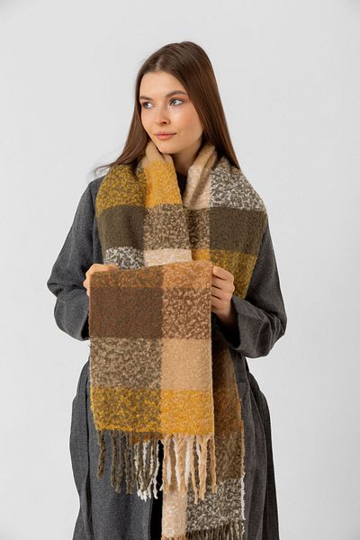 Luminos Butik Brown-Yellow-Beige-Grey Tasseled Square Patterned Thick Textured Scarf - Sal1292