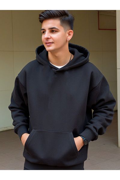 DEEPSENCE Black Oversize Hooded Unisex Sweatshirt Straight