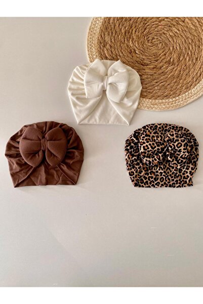 GÜNEŞ KİDS Fiyonk Detaylı Penye Kız Bebek Bone 3'lü set (Ekru - Kahverengi - ...