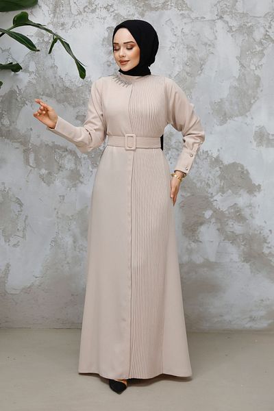 Neva Style Beige Hijab Dress with Buckle and Belt, Model 65879Beige