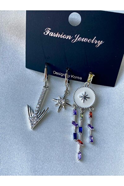 H&S AKSESUAR 3’LÜ SEDEF TAŞLI GÜMÜŞ ÇELİK KÜPE