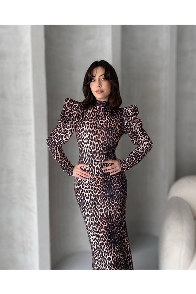 Fav Style Women's Leopard Print Long Princess Sleeve Back Detail Long Dress Coffee