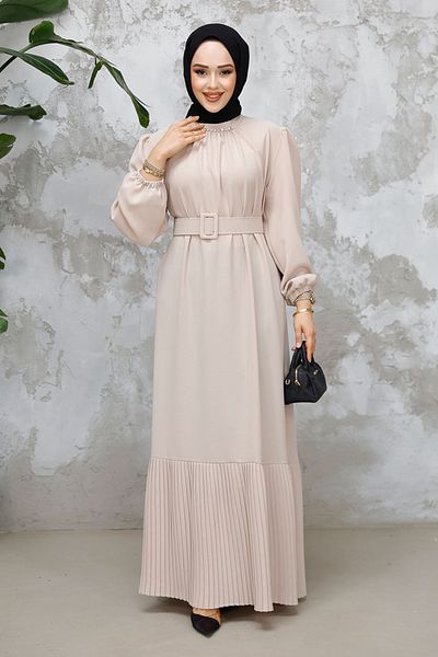 Neva Style Beige Hijab Dress with Buckle and Belt, Model 65878Beige