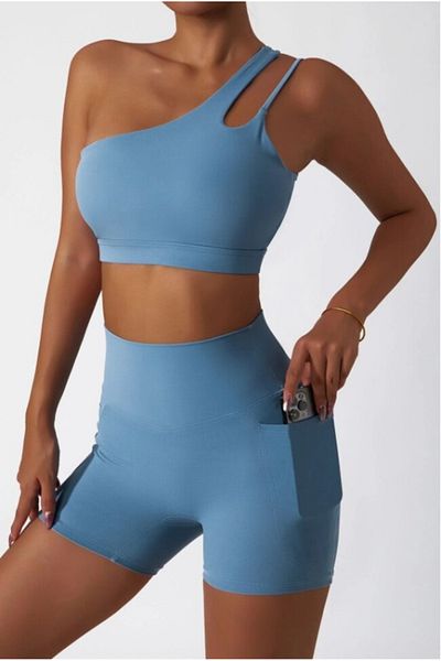 Nita Giyim Women's Baby Blue Shoulder and Back Detailed Straps Supportless Push up Pocket Leggings Suit Yoga /Sports /Plates