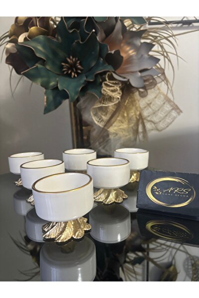 ARS HOME DEKOR Special Design Porcelain Gold Gilded Round Metal Leg 6-Piece Coffee Side Turkish Delight Bowl, Sauce Bowl, Jam Bowl