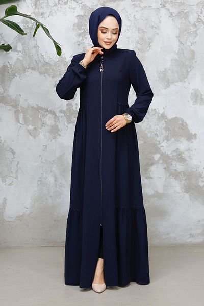 Neva Style Navy Blue Zippered Hijab Abaya - 8133L